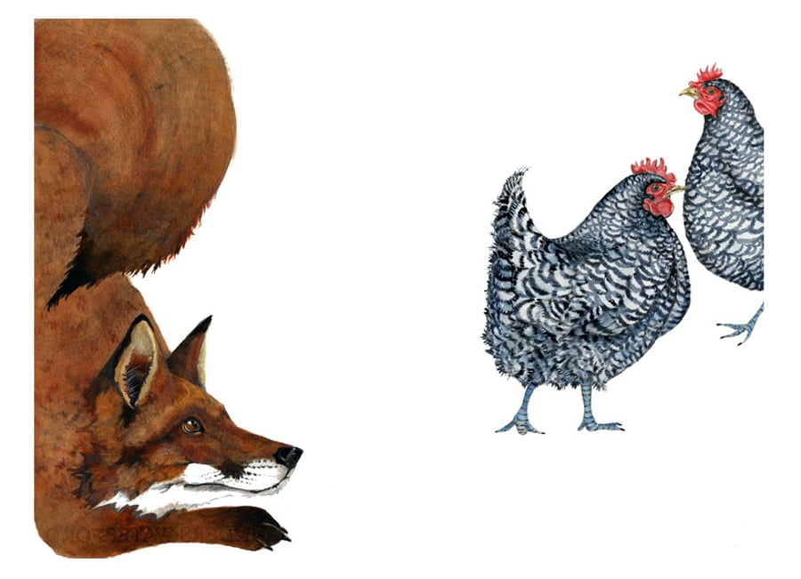 Fox and Two Hens A4 Giclee Print