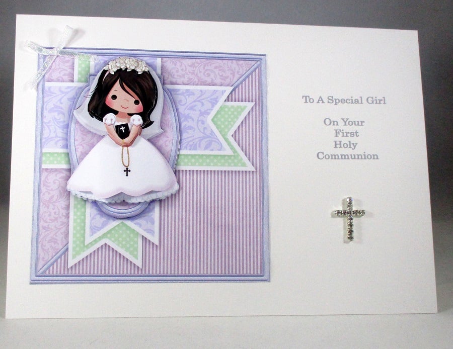 Holy Communion Decoupage Greeting Card for Girl, Diamante cross,rosary beads