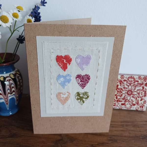 Vintage Laura Ashley Hearts hand stitched fabric card - CLEARANCE