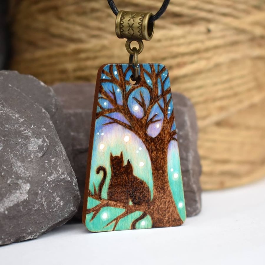 kitty couple cat silhouette pyrography wooden pendant necklace