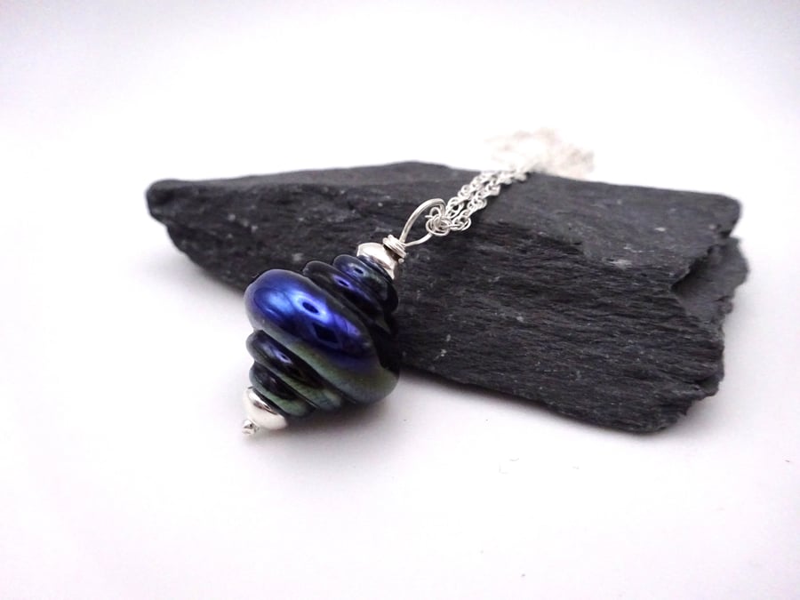 silver blue lampwork glass pendant necklace