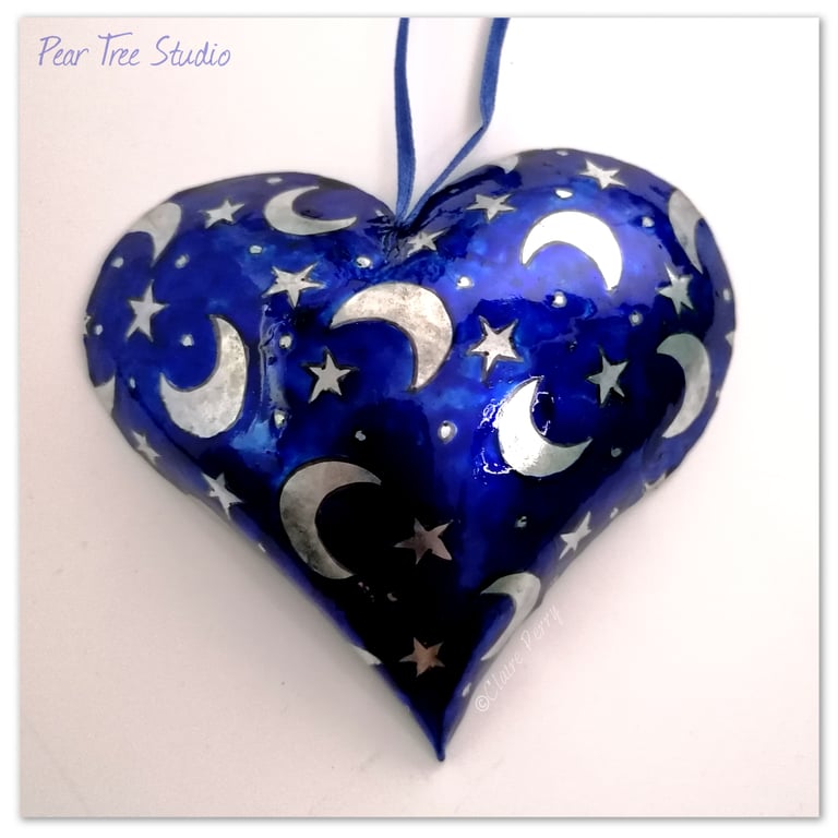Handmade Blue Metal Heart Decoration. With "Moons and Stars" Pattern. 