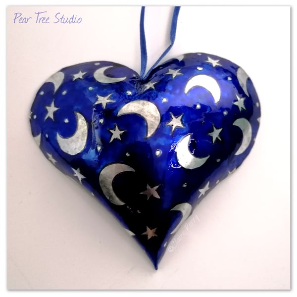 Metal Heart decoration. Blue with stars and moons pattern.