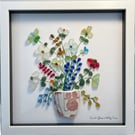 Large 12x12 Handmade Sea Glass Wildflower Bouquet Picture - Framed -  Vintage P