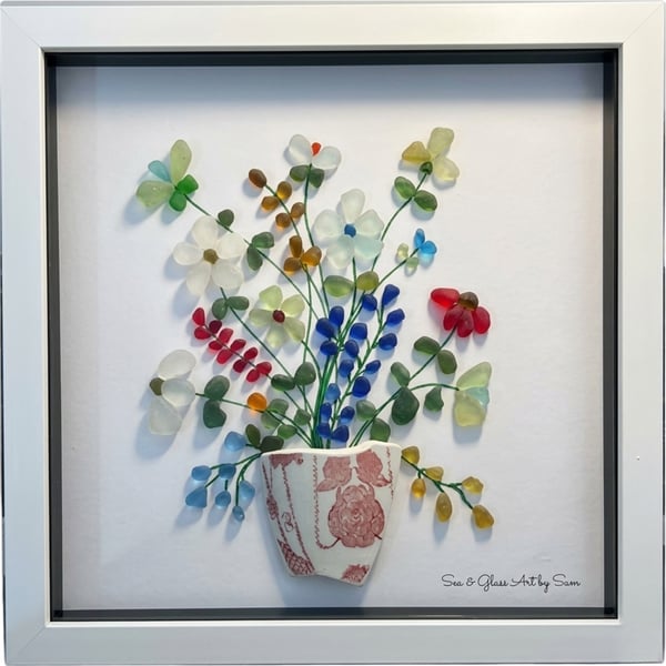Large 12x12 Handmade Sea Glass Wildflower Bouquet Picture - Framed -  Vintage P