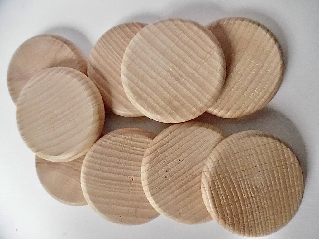 6 x Beech Wood Coins, Counters, Peg Doll. Fairy garden  48mm x 8mm