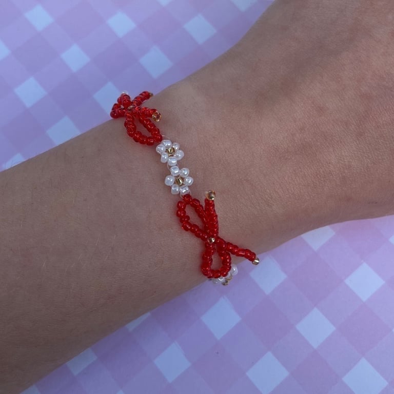 Red Bow Flower Seed Bead Bracelet
