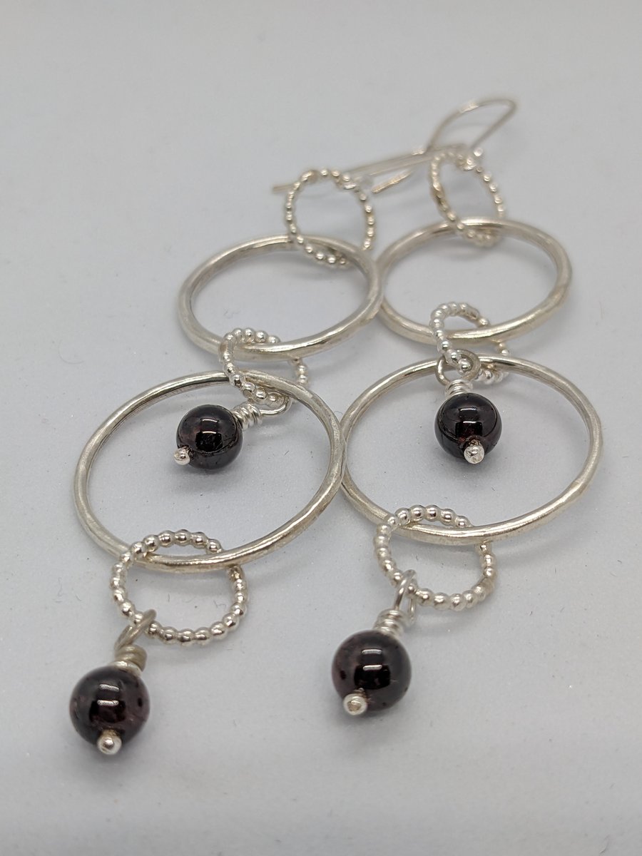 Sterling silver dangly earrings, Silver long drop earrings with garnet beads
