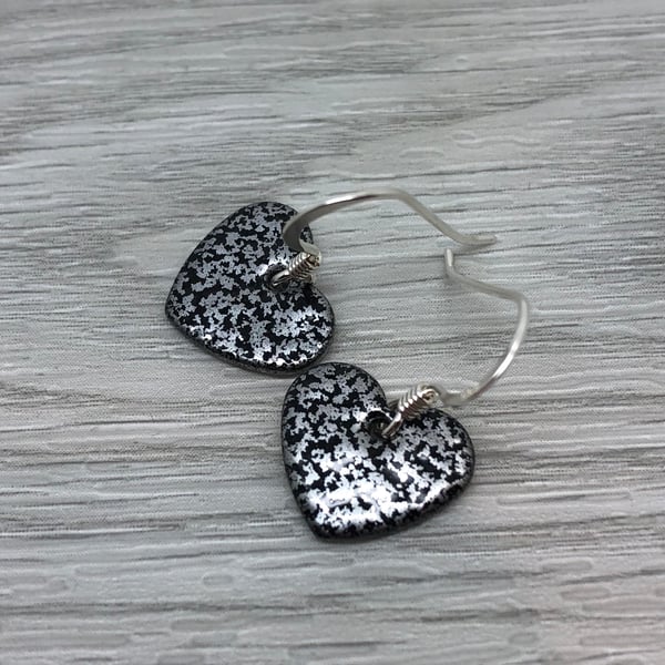Mottled black enamel heart charm, sterling silver earrings 