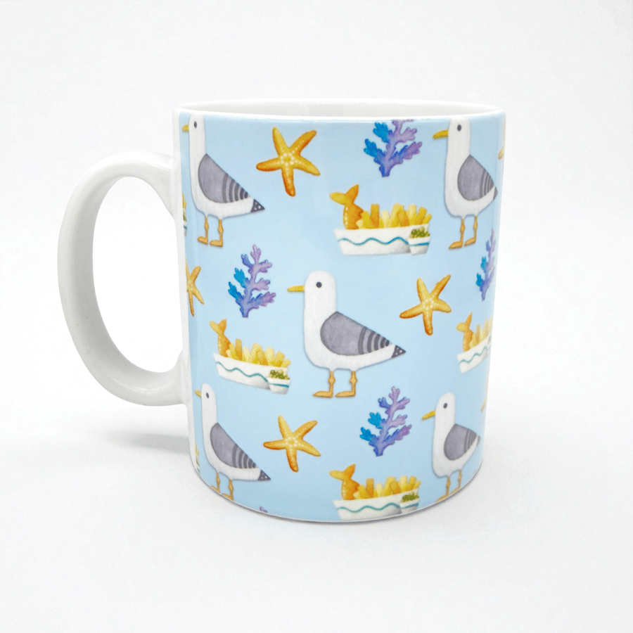Seagull Pattern Mug - Fish and Chips. Seaside Mug Coastal Nautical Kitchen Decor
