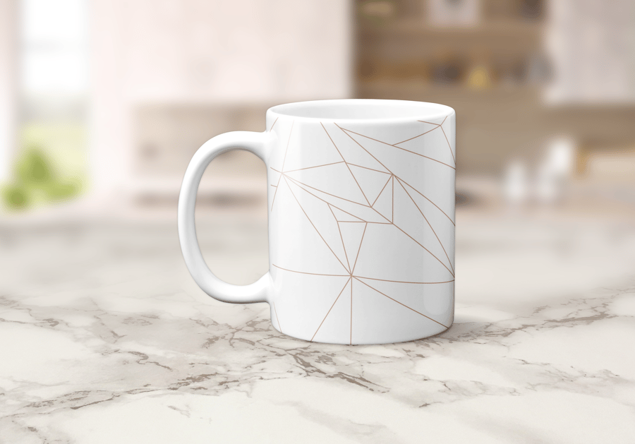 White with a Rose Gold Lines Geometric Design Mug, Tea Coffee Cup
