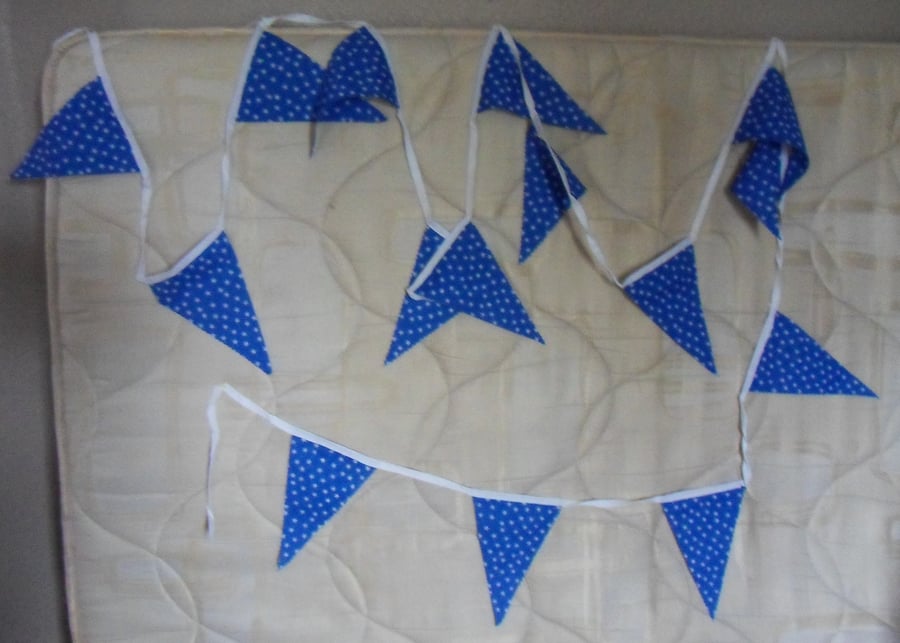 Homemade bunting. White stars on blue background. 5 meters.