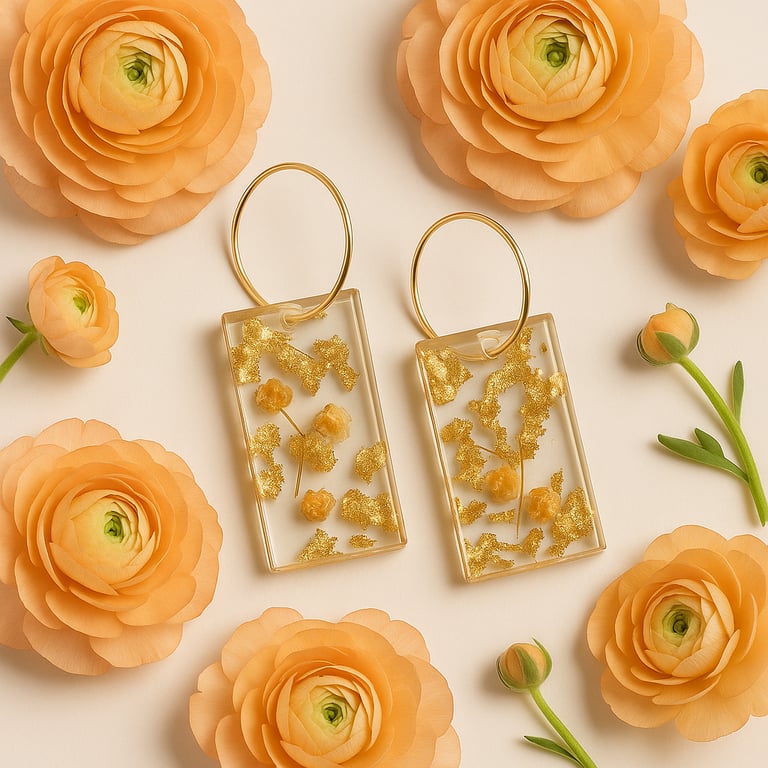 Peach Flower Resin Rectangle Earrings – Gold Leaf Dangle Drops