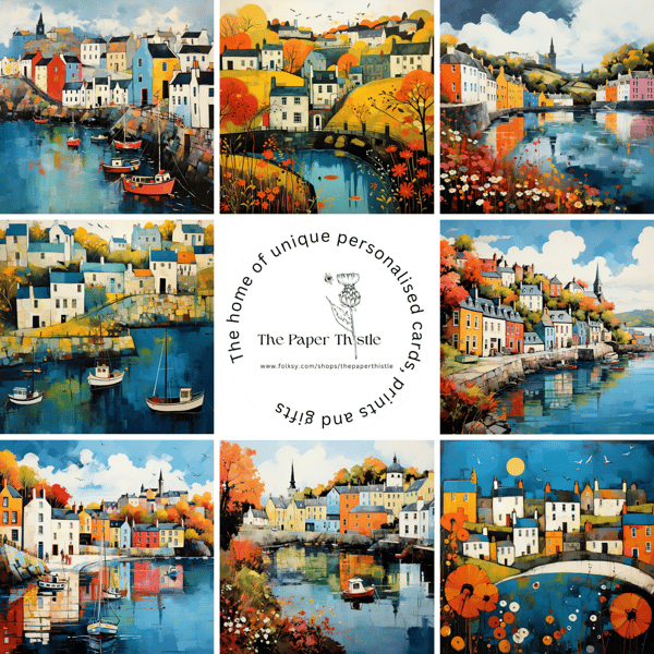 Quaint Harbour Village - Box Set of 8 different designed Illustrated cards