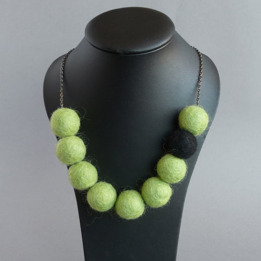 Chunky Lime Colour Block Necklace - Olive Green Felt Beaded Statement Jewellery