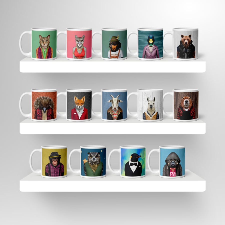 Animal wearing clothes 11oz, 20z mug, bear, dog, beaver, cat, llama, dachshund