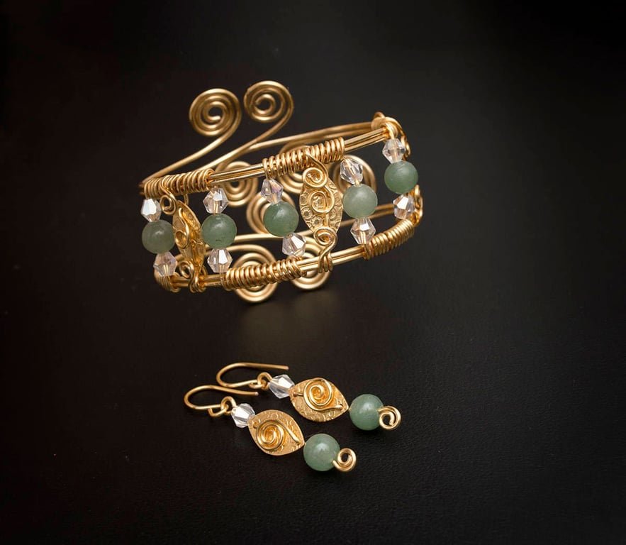 Green Aventurine Bracelet Cuff & Earrings Set, Handmade Wire Wrapped Jewelry,