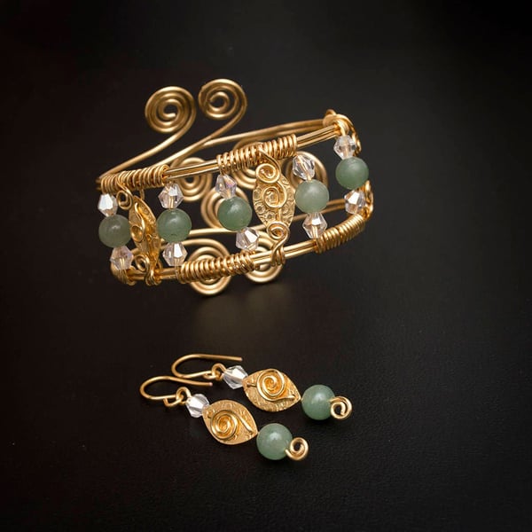 Green Aventurine Bracelet Cuff & Earrings Set, Handmade Wire Wrapped Jewelry,