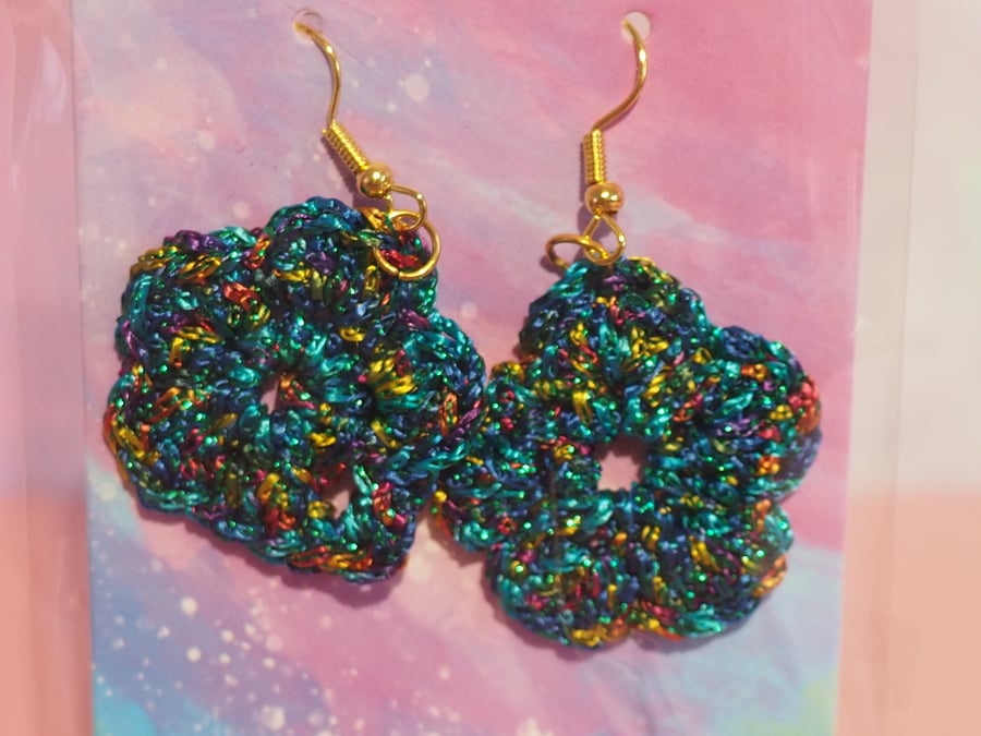Blue Metallic Flower Crochet Earrings 