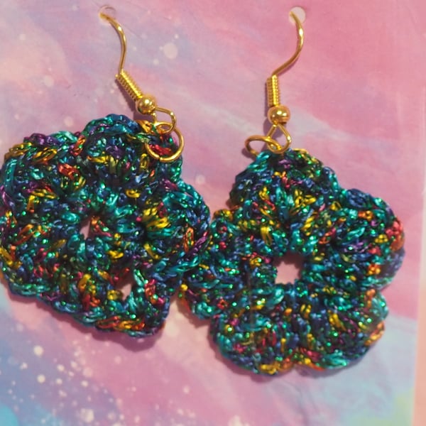 Blue Metallic Flower Crochet Earrings 