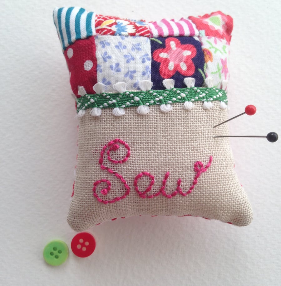 Small patchwork and linen pincushion