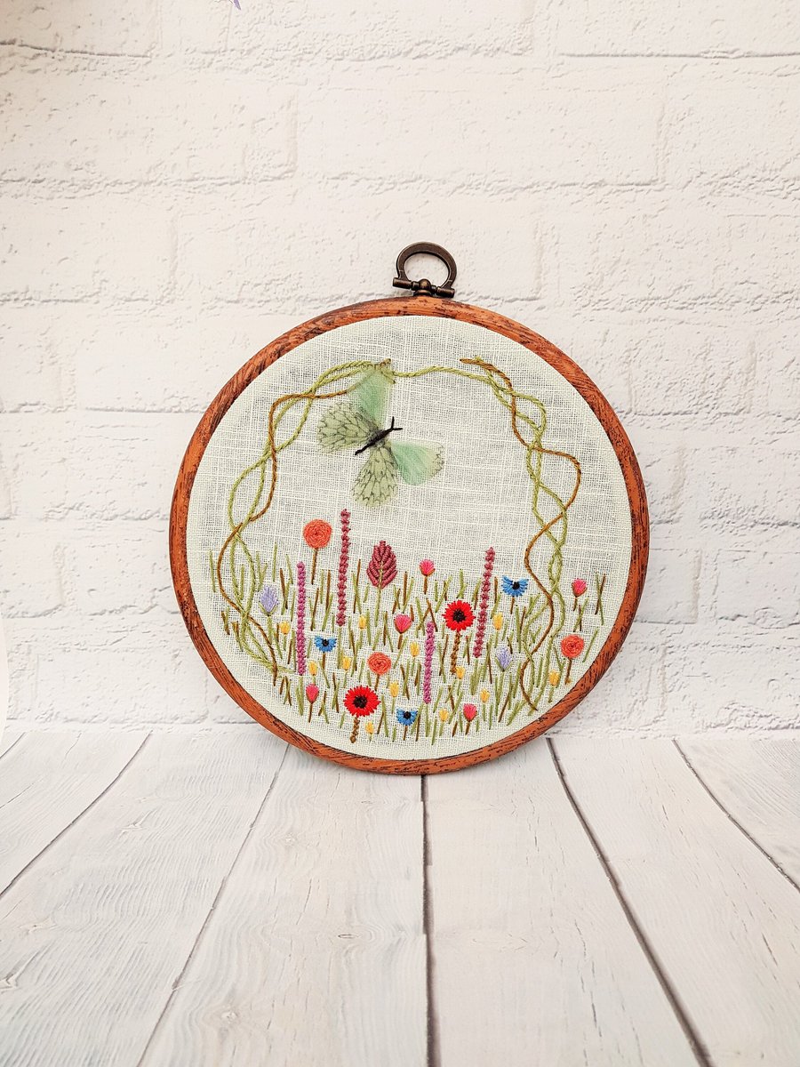 Butterfly Embroidery Hoop, Wildflower Embroidery Hoop, Floral Embroidery, Hand E