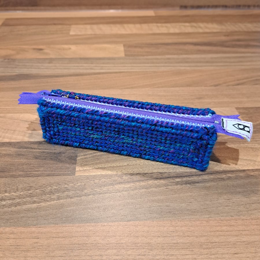 Pencil case - blue, purple, green mix, purple zip, purple charm
