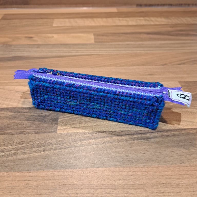 Pencil case - blue, purple, green mix, purple zip, purple charm