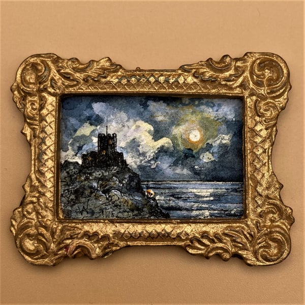 Tiny Miniature Painting, Doll house scale, moonlit night & castle seascape