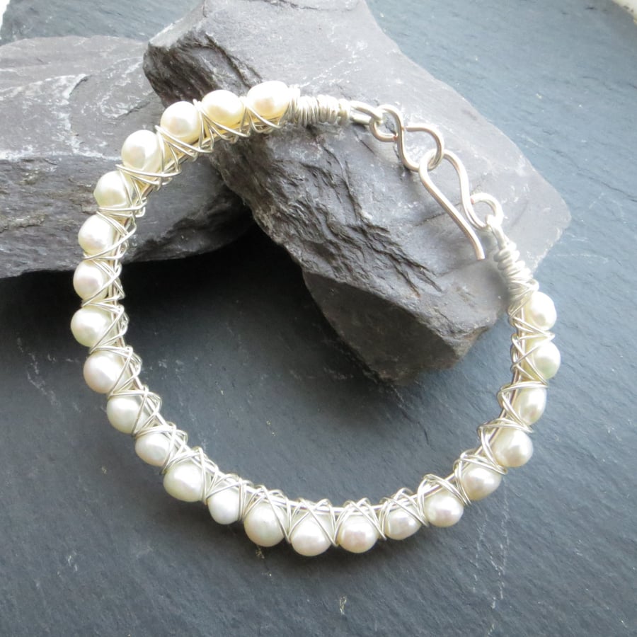 Freshwater Pearl Bangle, Silver Wire Wrapped Bracelet, Wedding Jewellery
