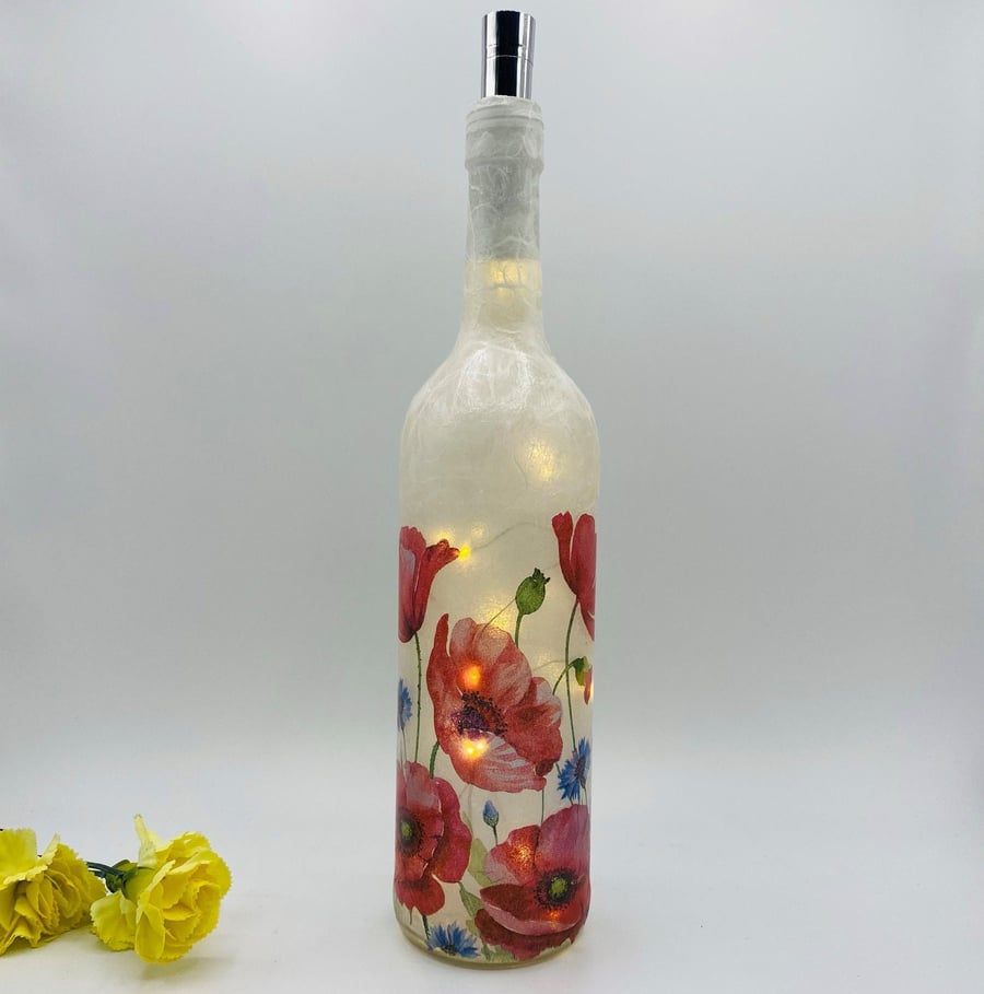 Decoupage bottle light with wild Poppies and Cornflowers