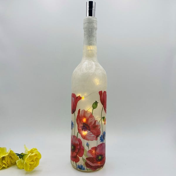 Decoupage bottle light with wild Poppies and Cornflowers