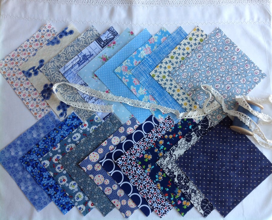 Blue charm squares for patchwork, 20 x 5".