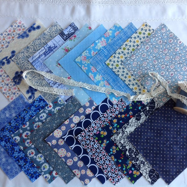 Blue charm squares for patchwork, 20 x 5".