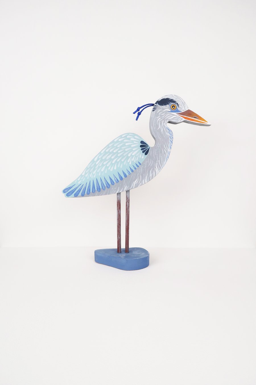 Blue heron ornament, hand painted wooden bird art, water bird decoration.