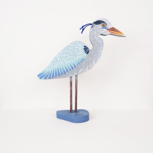 Blue heron ornament, hand painted wooden bird art, water bird decoration.