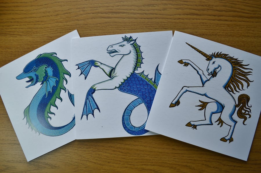  Three animal cards Dolphin, Seahorse Unicorn printed cards
