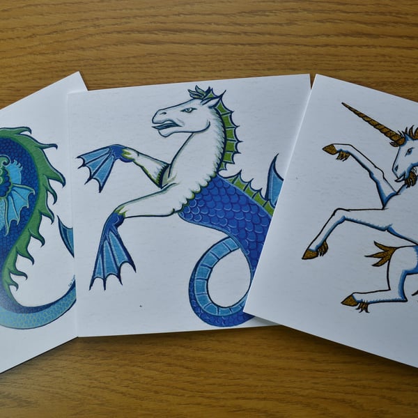  Three animal cards Dolphin, Seahorse Unicorn printed cards