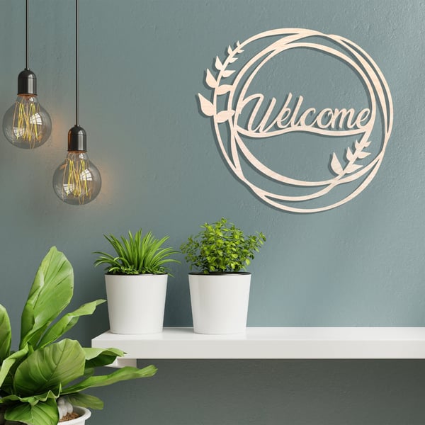 Welcome Vine Oliver Branch Wooden Sign for Entry and Door Way Housewarming Leaf 
