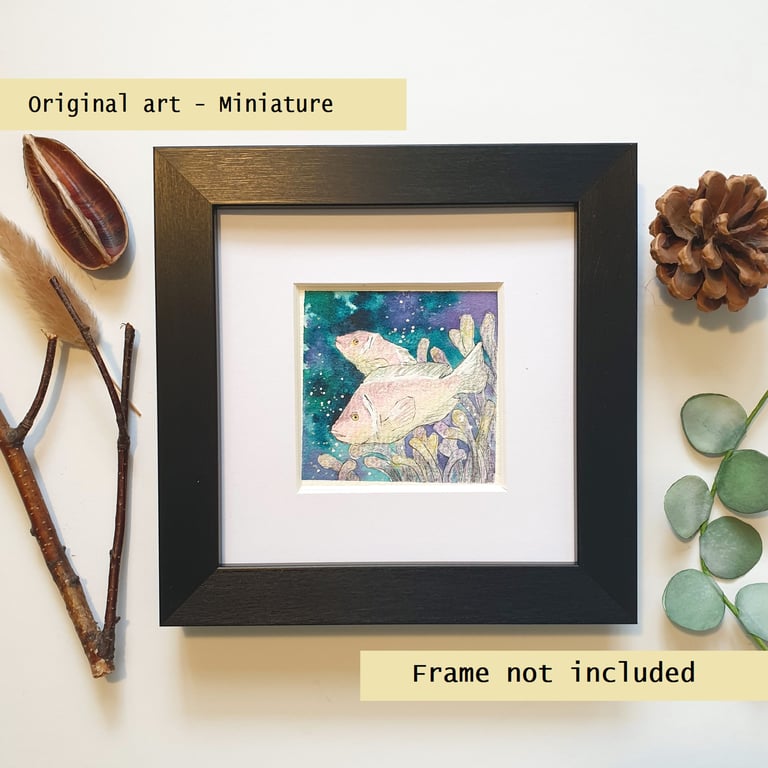 Pink anemone fish miniature, original painting, tiny artwork