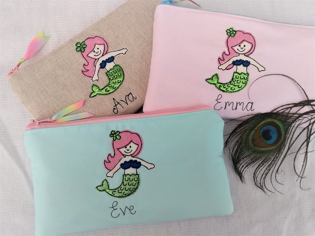 Mermaid Personalised Pencil Case - Girls Custom Design with Choice of Colour 