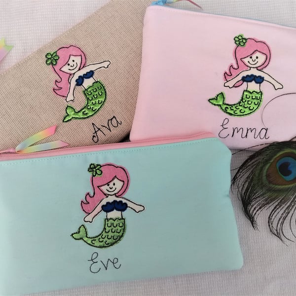 Mermaid Personalised Pencil Case - Girls Custom Design with Choice of Colour 