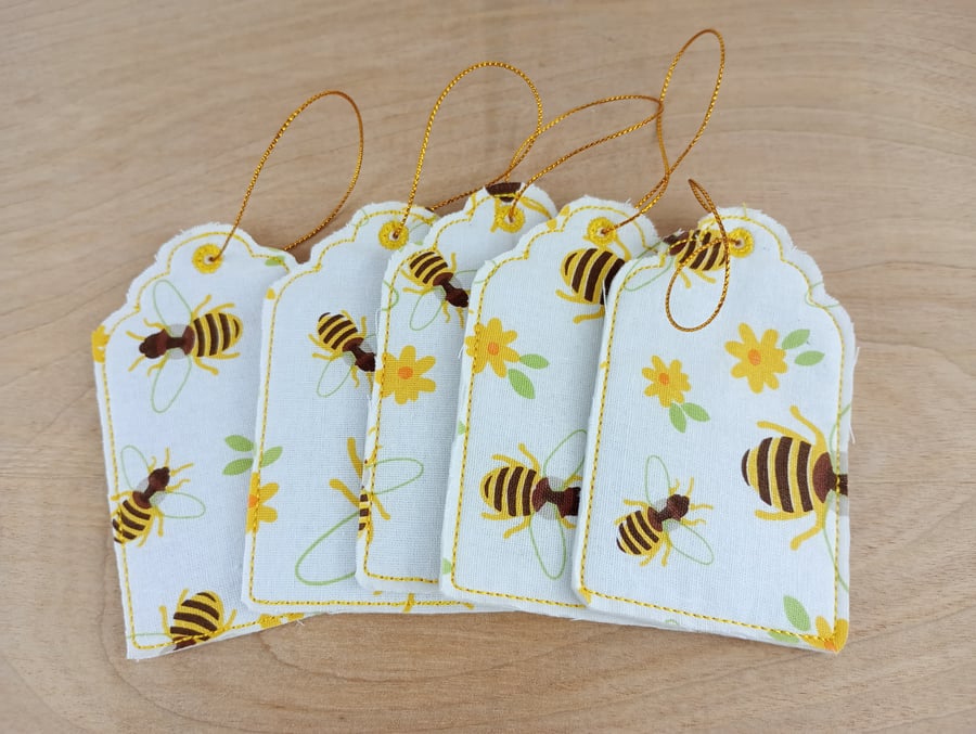 Honey Bee Fabric Git Tags Backed With White Felt & Gold Cord Loop