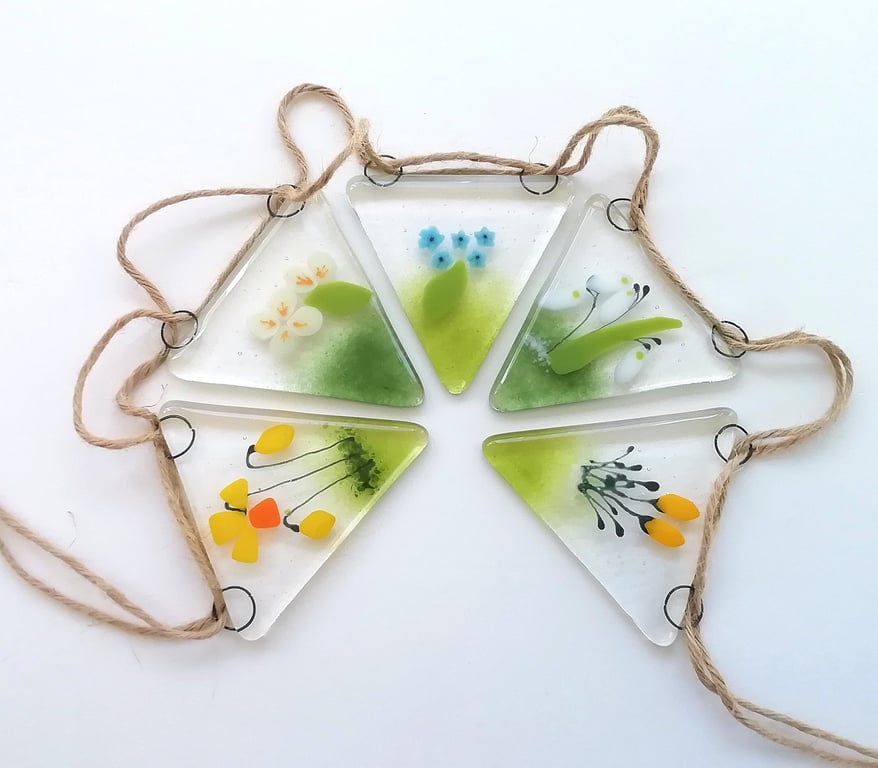 Spring fused glass bunting, patio decoration, garden art, birthday gift. 