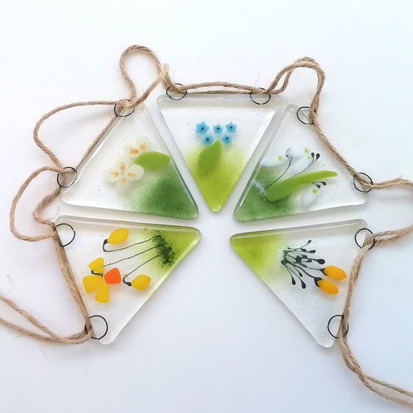 Spring fused glass bunting, patio decoration, garden art, birthday gift. 