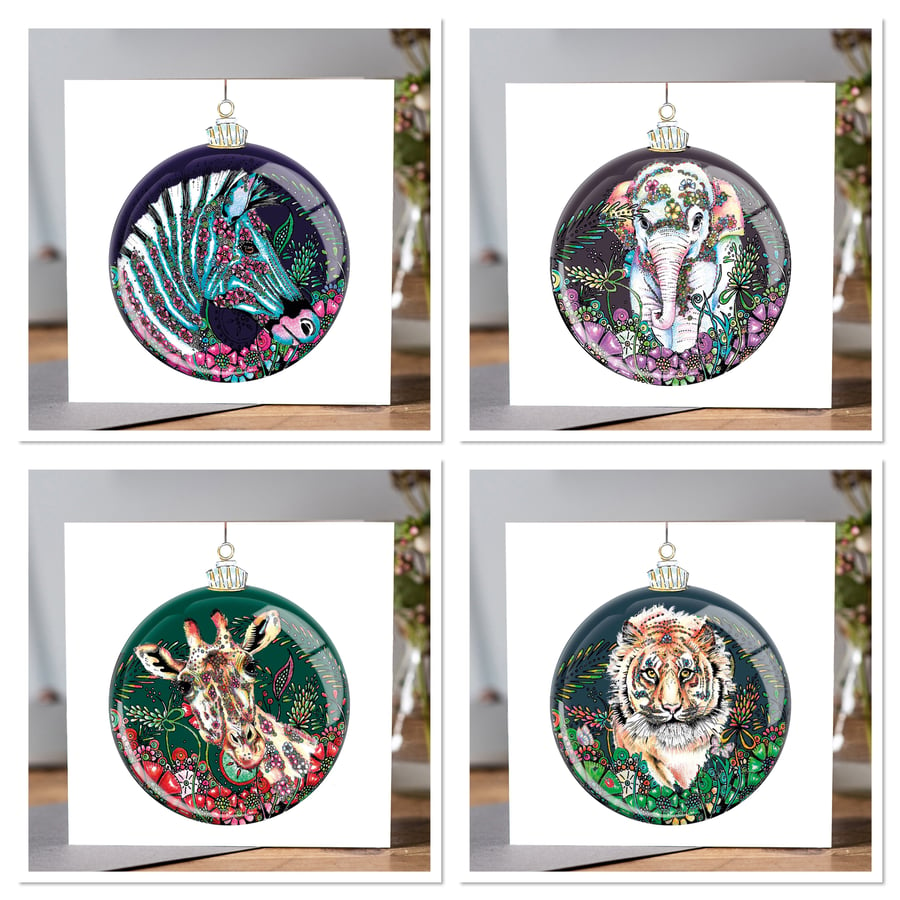 4 x Wild Animal bauble greeting cards 