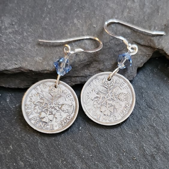 Upcycled sixpences (6d) coin earrings with pale blue bicone crystals