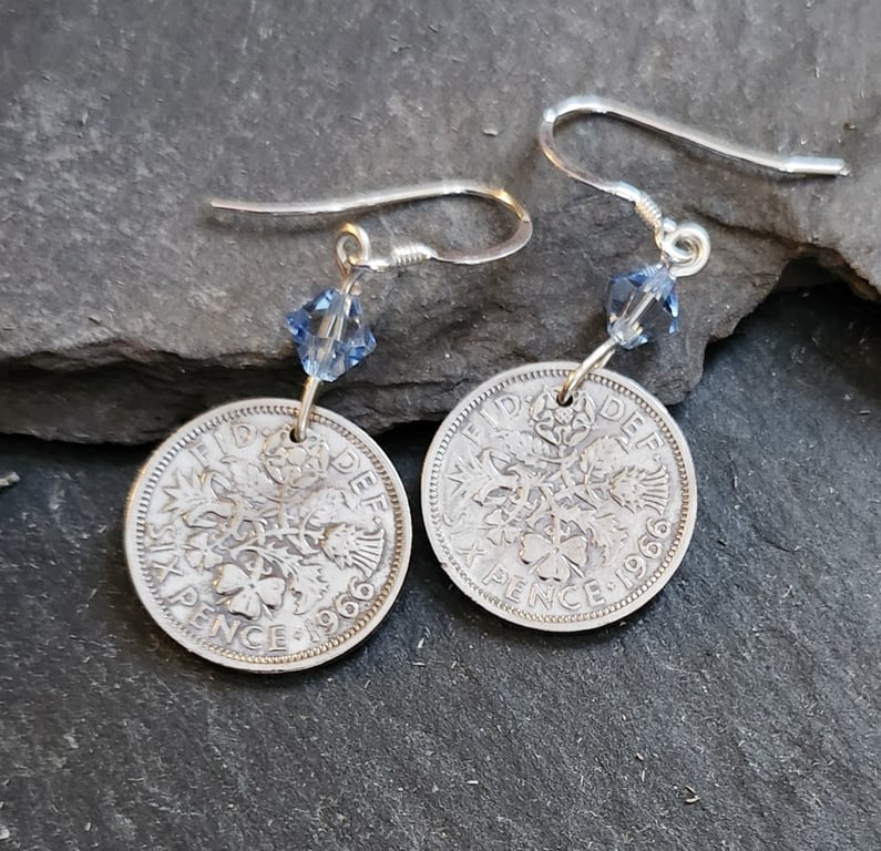 Upcycled sixpences (6d) coin earrings with pale blue bicone crystals