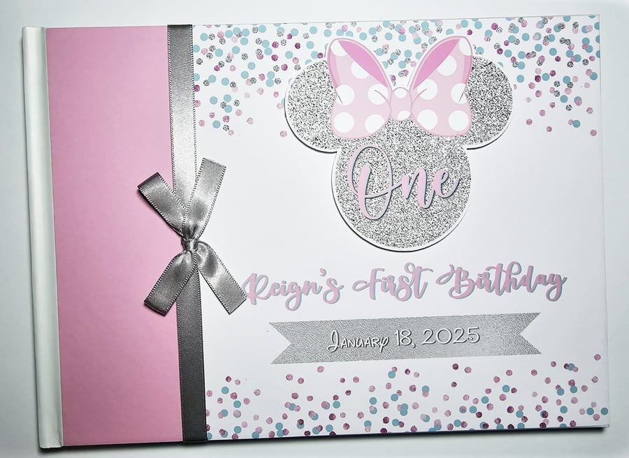 Minnie birthday guest book, pink silver and turqoise, minnie ears book