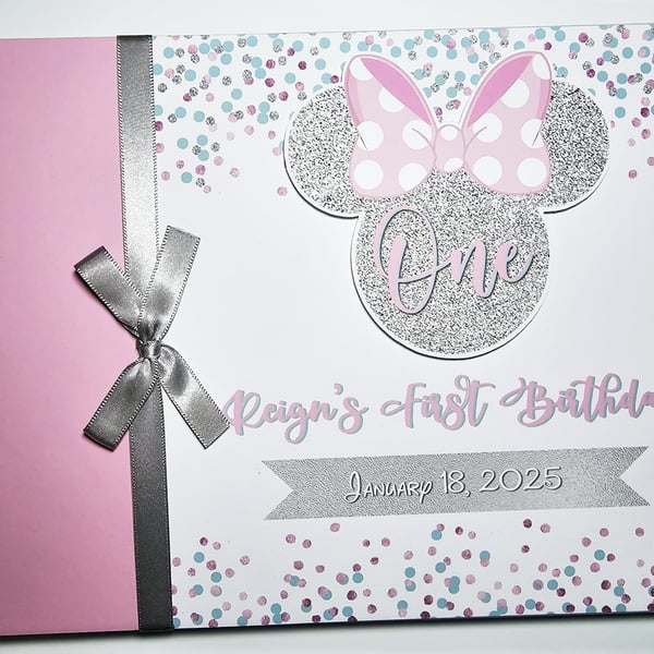 Minnie birthday guest book, pink silver and turqoise, minnie ears book